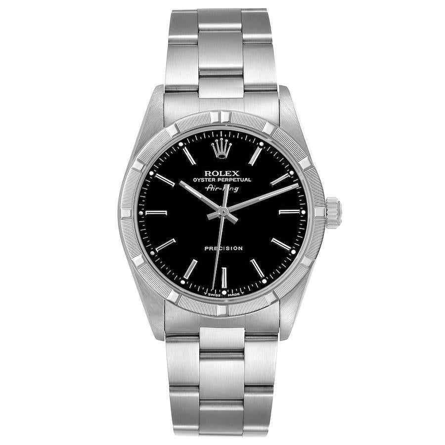 Rolex Air King Black Dial Steel Engine Turned Bezel Mens Watch 14010 Box Papers. Automatic self-winding movement. Stainless steel case 34.0 mm in diameter. Rolex logo on the crown. Stainless steel engine turned bezel. Scratch resistant sapphire