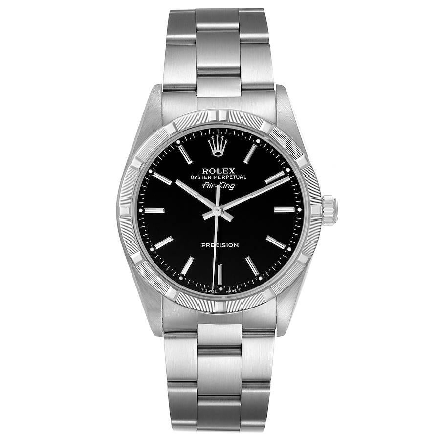Rolex Air King Black Dial Steel Engine Turned Bezel Mens Watch 14010. Automatic self-winding movement. Stainless steel case 34.0 mm in diameter. Rolex logo on the crown. Stainless steel engine turned bezel. Scratch resistant sapphire crystal. Black