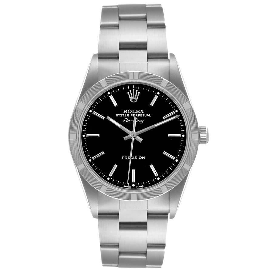 Rolex Air King Black Dial Steel Mens Watch 14010 Box Papers. Automatic self-winding movement. Stainless steel case 34.0 mm in diameter. Rolex logo on the crown. Stainless steel engine turned bezel. Scratch resistant sapphire crystal. Black dial with