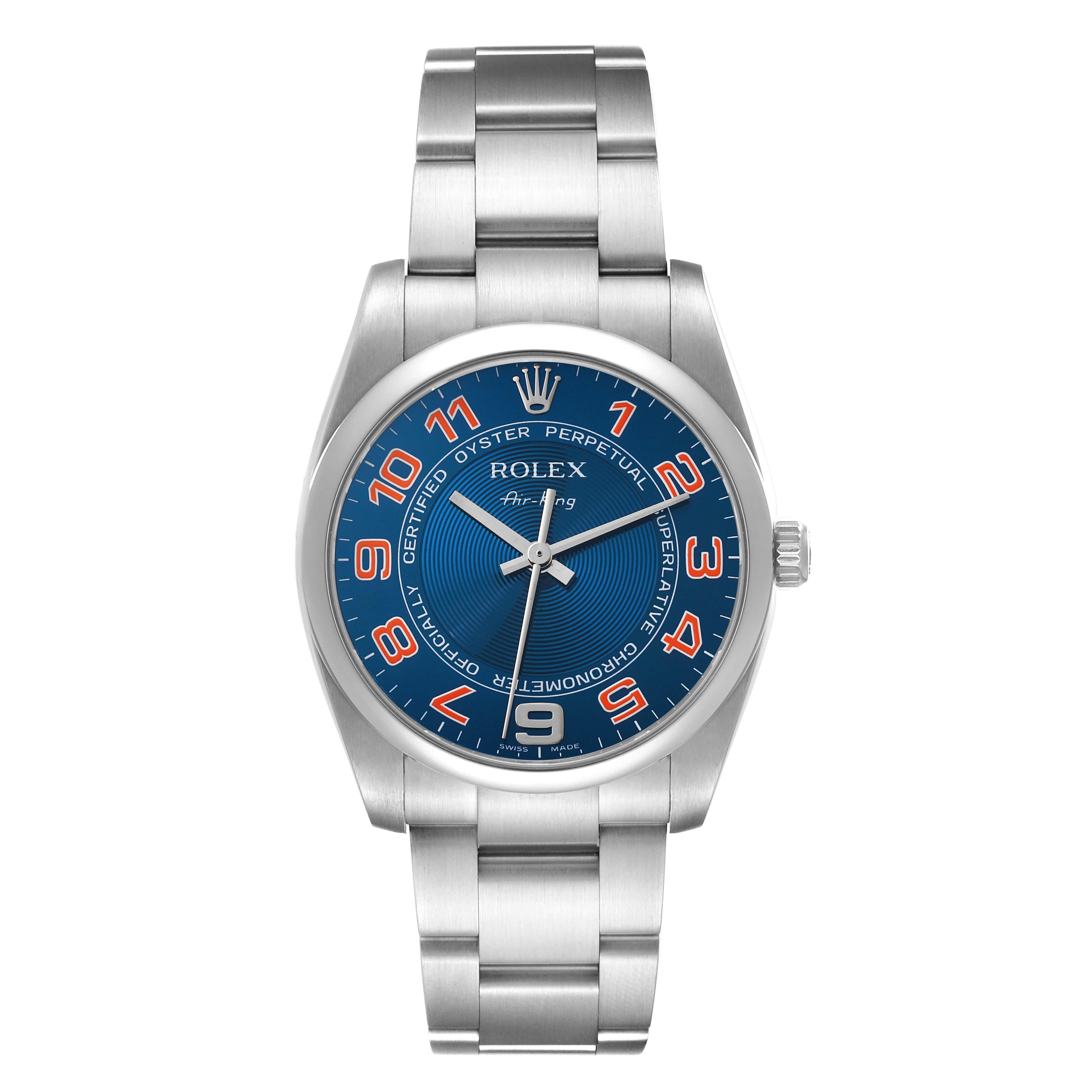 Rolex Air King Blue Concentric Dial Steel Mens Watch 114200 Box Card. Officially certified chronometer automatic self-winding movement. Stainless steel case 34.0 mm in diameter. Rolex logo on the crown. Stainless steel smooth domed bezel. Scratch