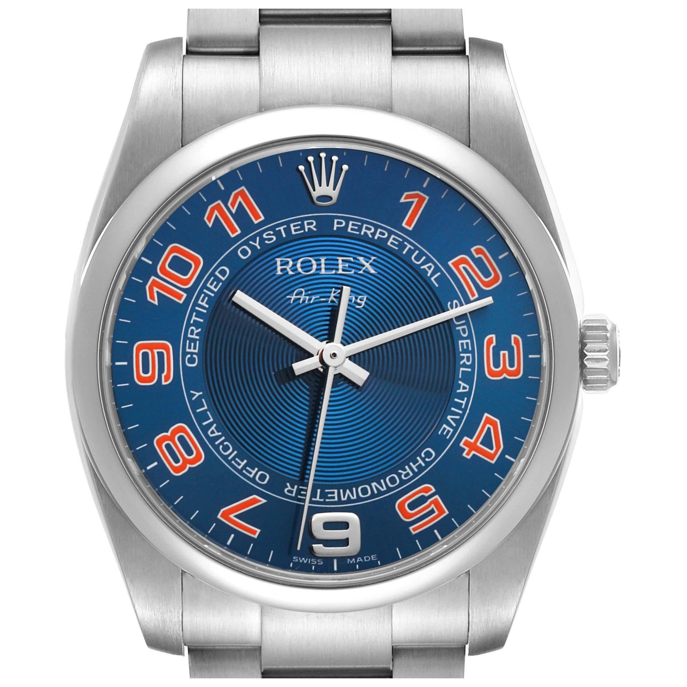 Rolex Air King Blue Concentric Dial Steel Mens Watch 114200 Box Card