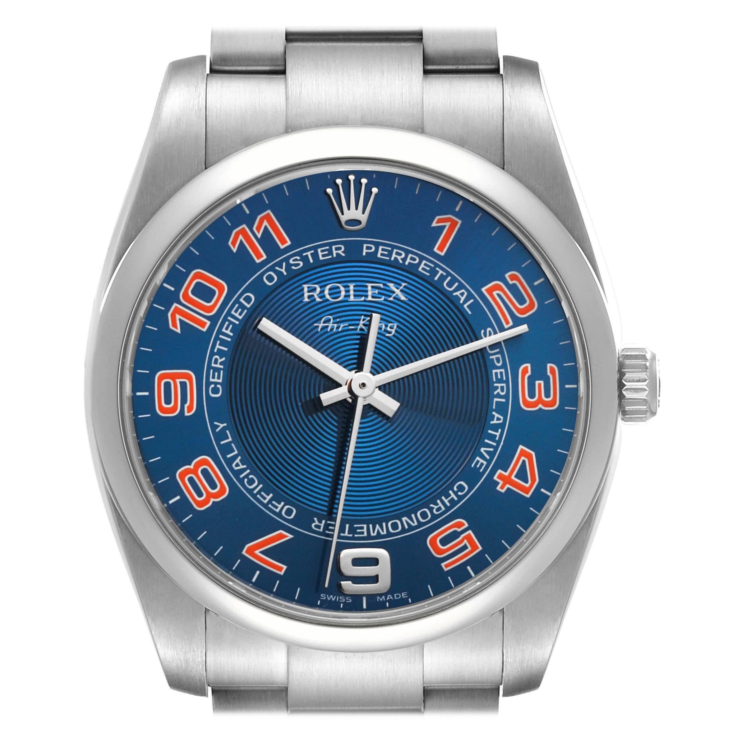 Rolex Air King Blue Concentric Dial Steel Mens Watch 114200 Box Card