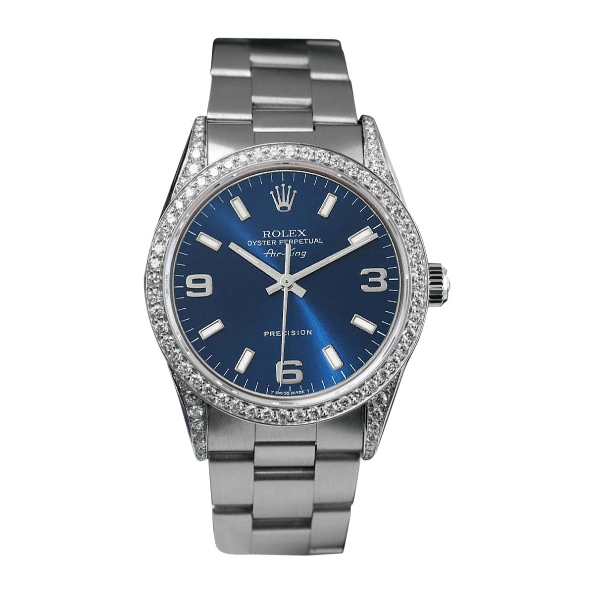 Rolex Air King Quadrante blu Lunetta e anse di diamante Orologio in acciaio inossidabile in vendita