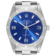 Rolex Air King Blue Dial Engine Turned Bezel Steel Mens Watch 14010 Box Papers