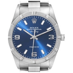 Rolex Air King Blue Dial Engine Turned Bezel Steel Mens Watch 14010
