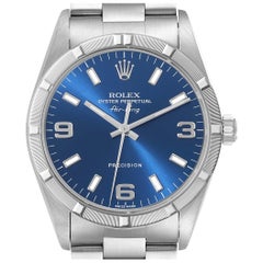 Rolex Air King Blue Dial Engine Turned Bezel Steel Mens Watch 14010
