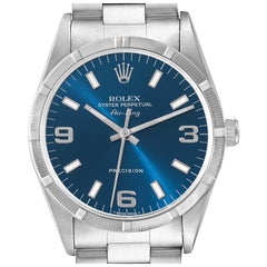 Rolex Air King Blue Dial Engine Turned Bezel Steel Mens Watch 14010