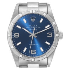 Rolex Air King Blue Dial Engine Turned Bezel Steel Mens Watch 14010