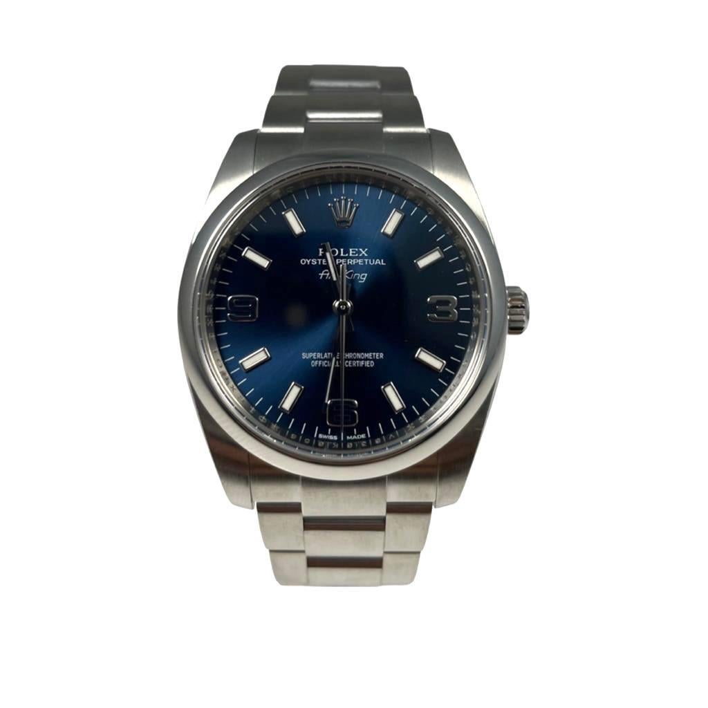 Brand: Rolex

Model Name: Airking

Model Number:  114200

Movement: Automatic

Case Size: 34 mm

Case Back: Closed

Case Material: Stainless Steel

Bezel: Smooth

Dial: Blue

Bracelet:  Stainless Steel

Hour Markers: Non-Numerical/Arabic