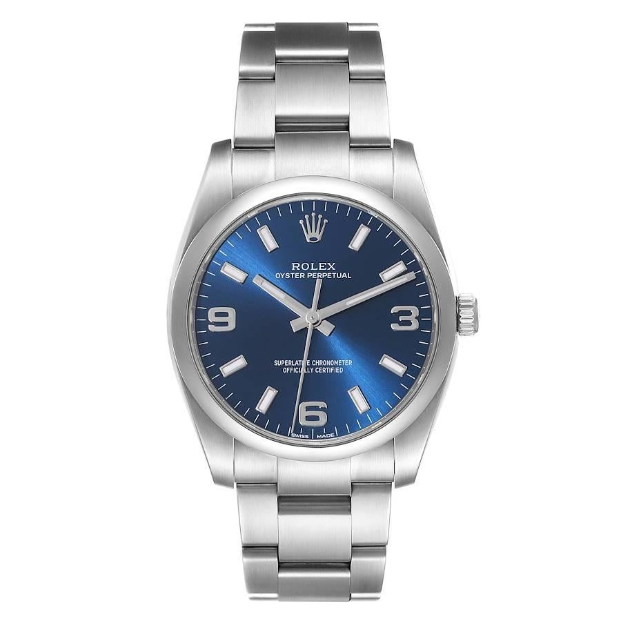 Rolex Air King Blaues Zifferblatt Glatte Lünette Stahl Herrenuhr 114200. Offiziell zertifiziertes Chronometerwerk mit automatischem Aufzug. Gehäuse aus Edelstahl mit einem Durchmesser von 34.0 mm.  Rolex Logo auf der Krone. Glatte, gewölbte Lünette