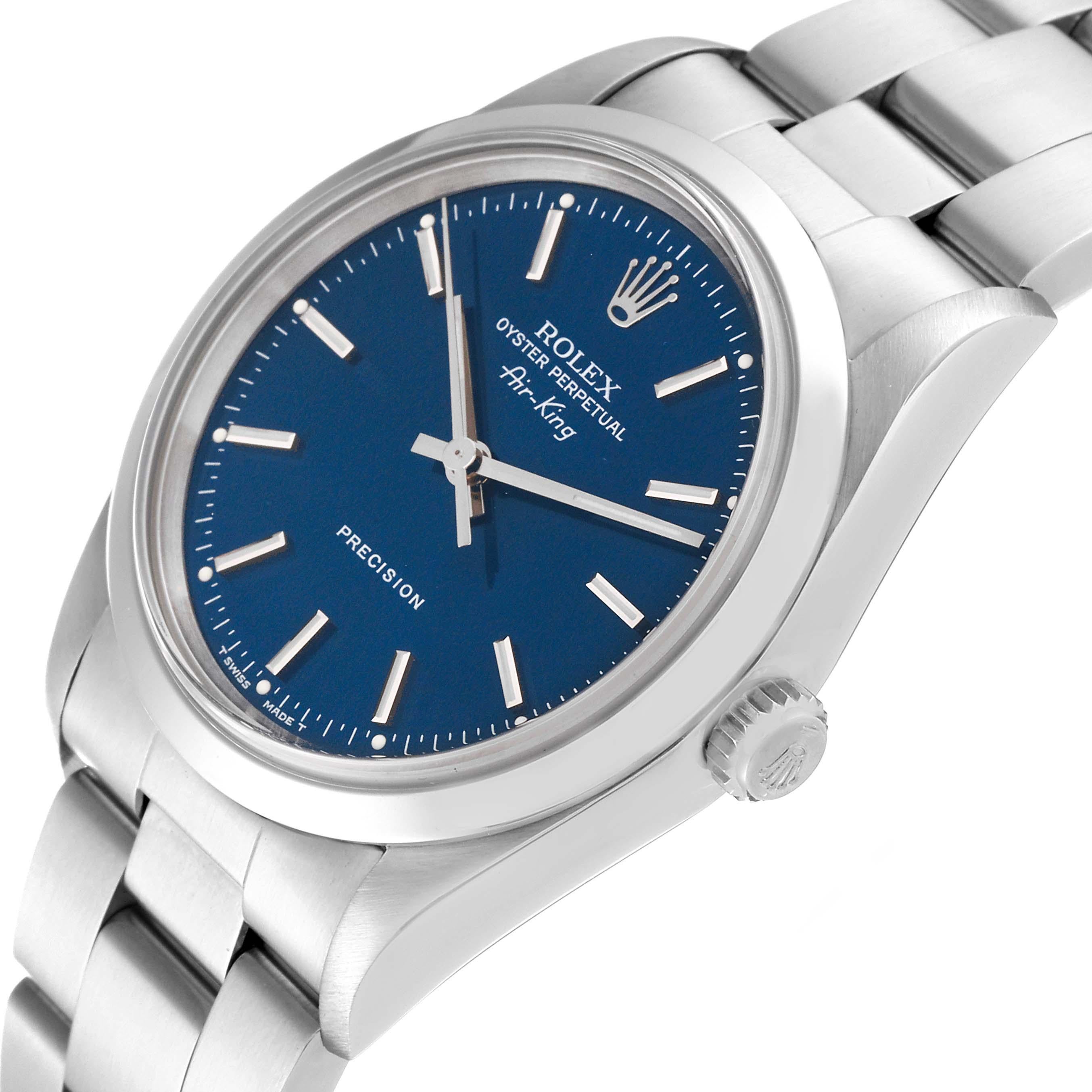 Rolex Air King Blue Dial Smooth Bezel Steel Mens Watch 14000 Papers. Automatic self-winding movement. Stainless steel case 34 mm in diameter. Rolex logo on the crown. Stainless steel smooth bezel. Scratch resistant sapphire crystal. Blue dial with