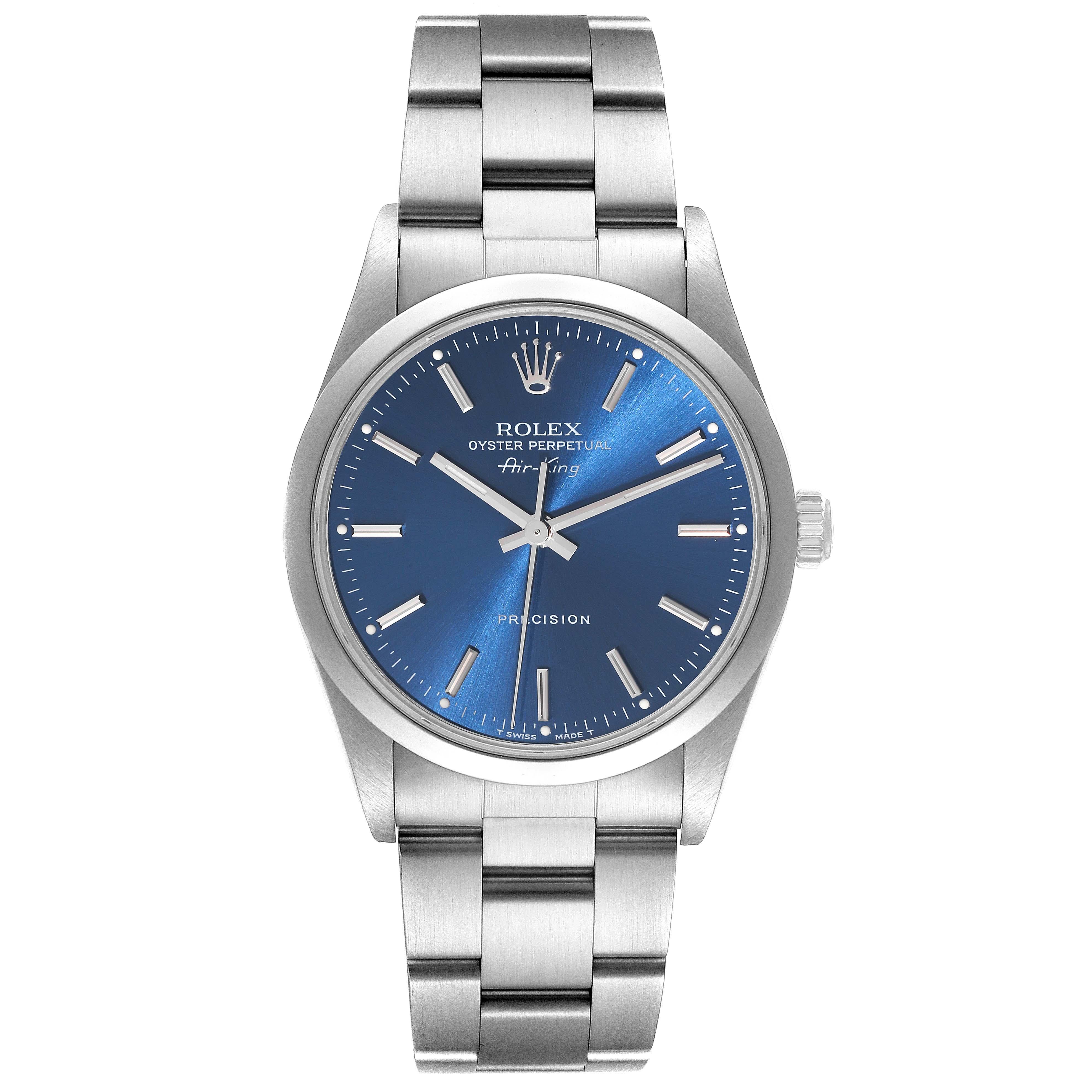Men's Rolex Air King Blue Dial Smooth Bezel Steel Mens Watch 14000 Papers For Sale