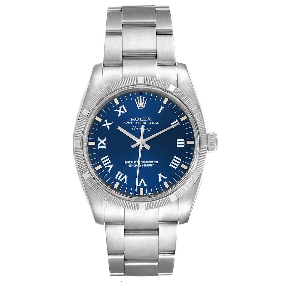 Rolex Air King Blue Roman Dial Steel Mens Watch 114210 Box. Officially certified chronometer self-winding movement. Stainless steel case 34.0 mm in diameter. Rolex logo on a crown. Stainless steel fine engine turned bezel. Scratch resistant sapphire