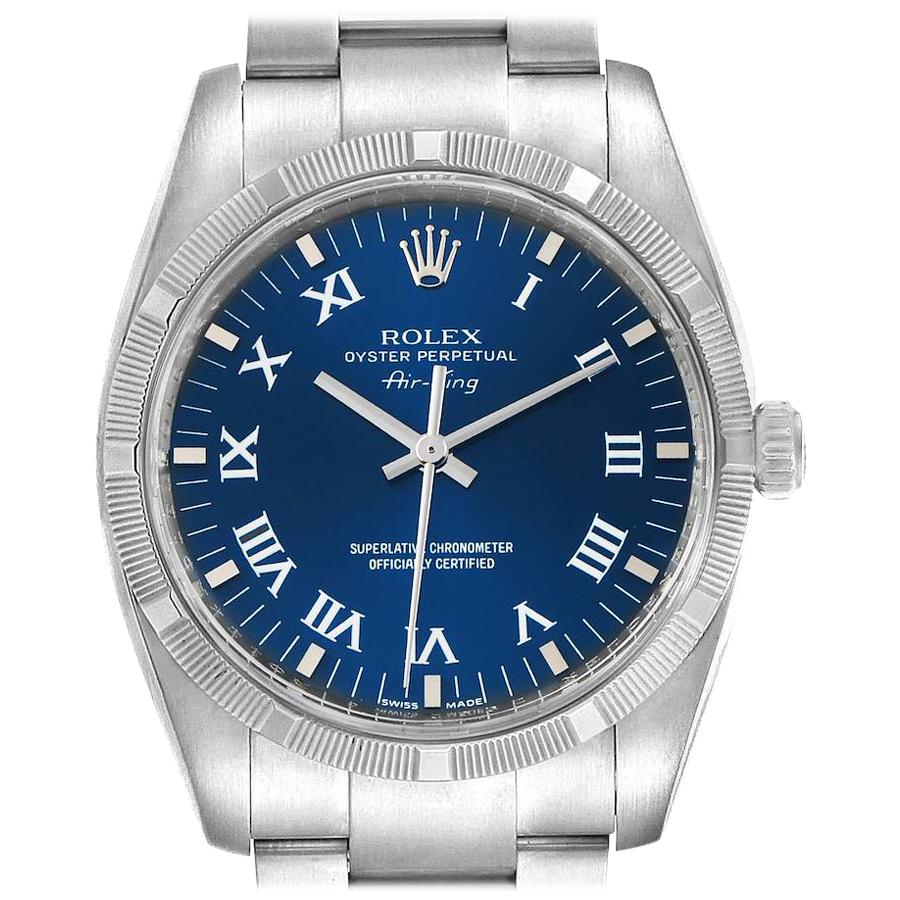 Rolex Air King Blue Roman Dial Steel Men's Watch 114210 Box