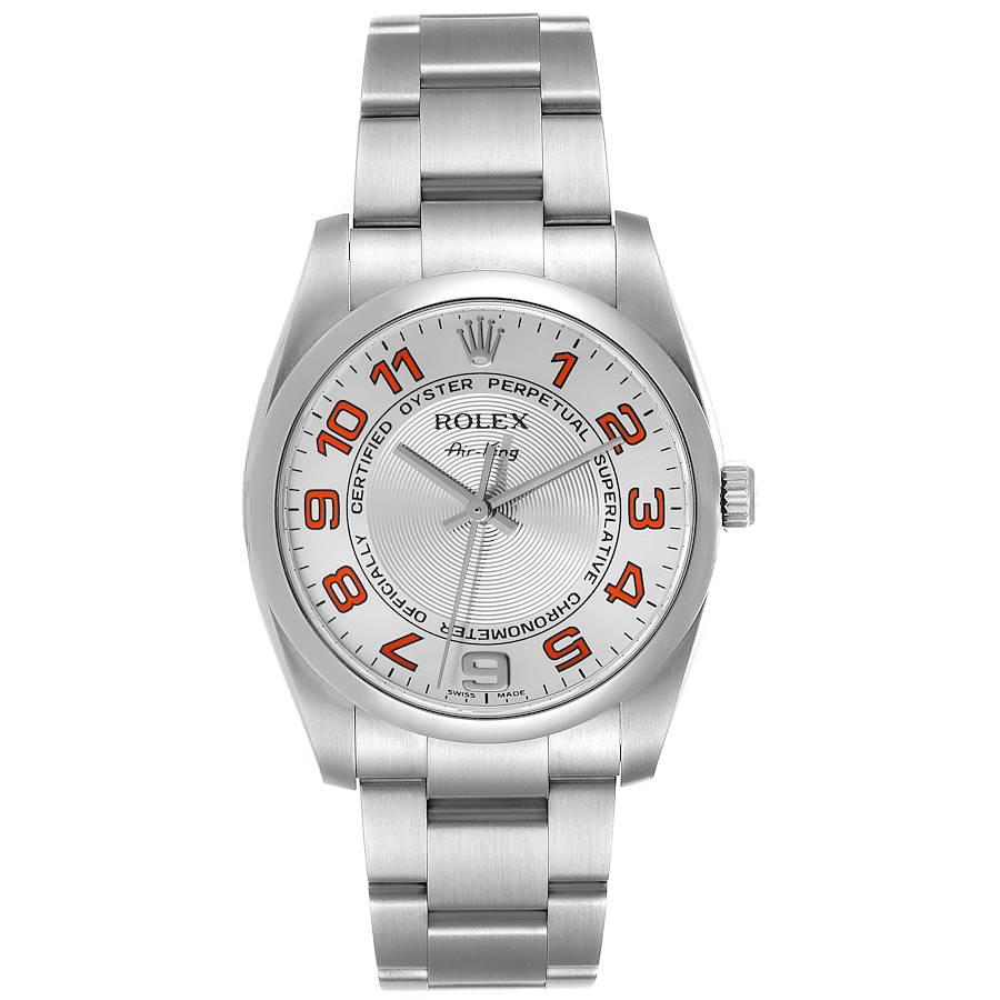 Rolex Air King Concentric Silber Orange Zifferblatt Herrenuhr 114200 Box Card. Offiziell zertifiziertes Chronometerwerk mit automatischem Aufzug. Gehäuse aus Edelstahl mit einem Durchmesser von 34.0 mm. Rolex Logo auf der Krone. Glatte, gewölbte