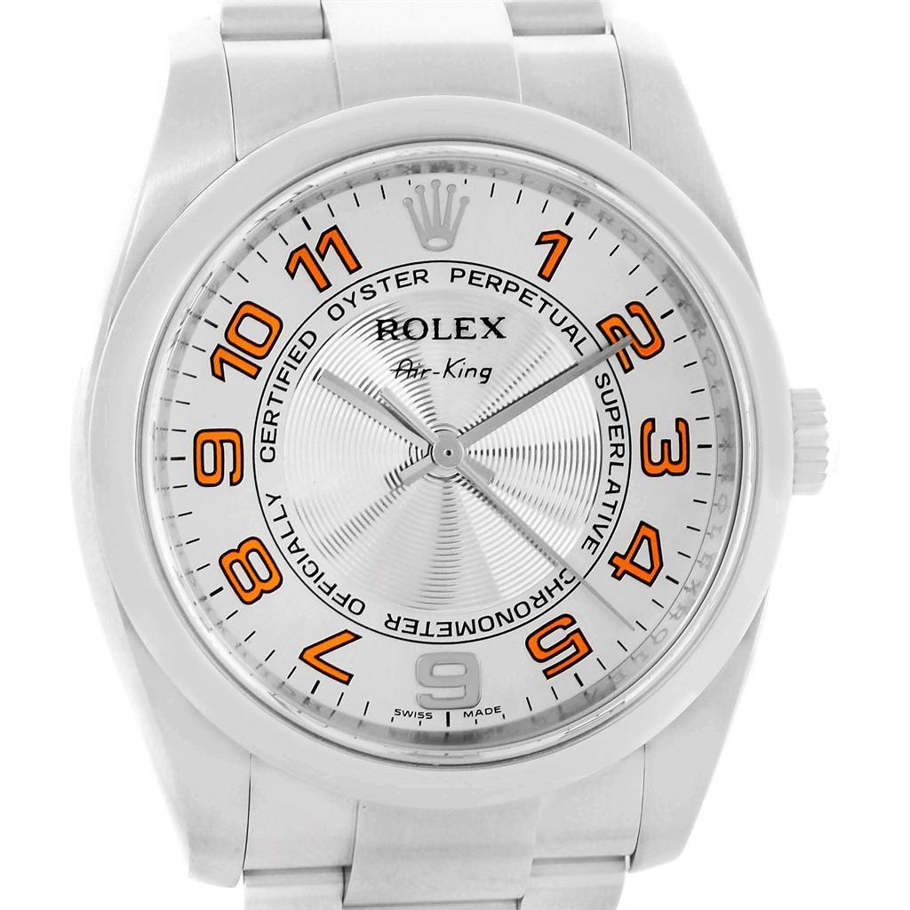 Rolex Air King Concentric Silver Orange Dial Unisex Watch 114200 In Excellent Condition In Atlanta, GA