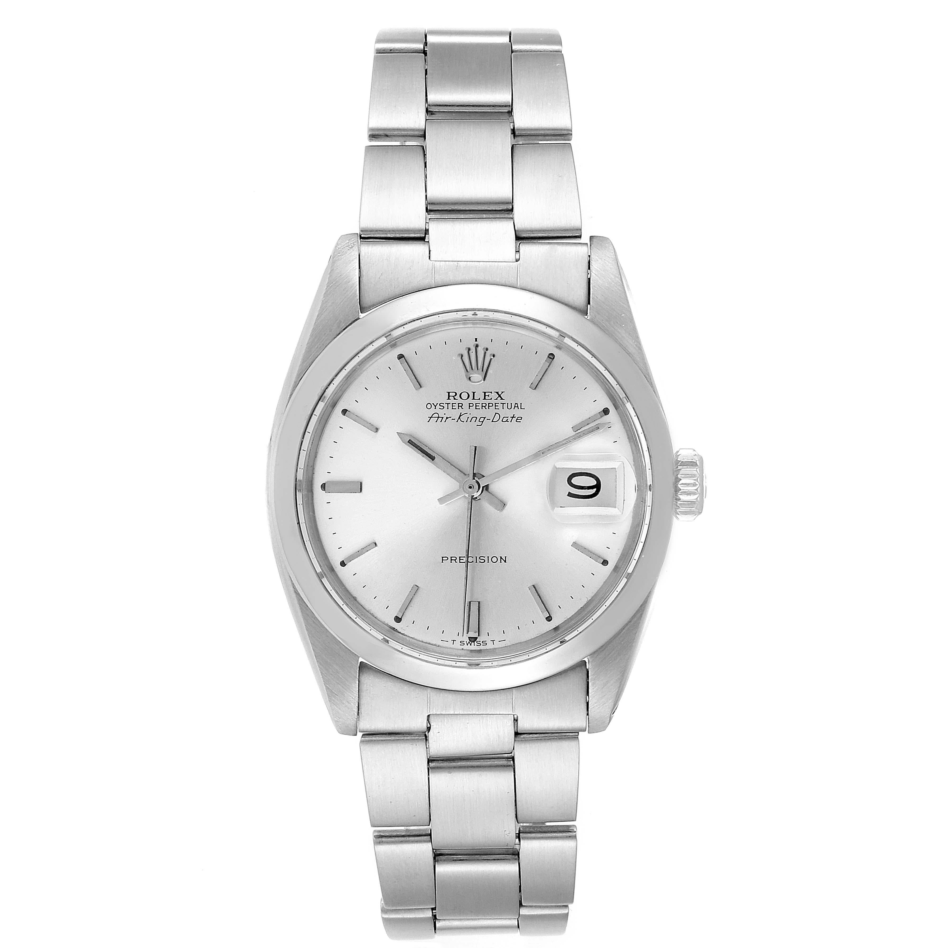Rolex Air King Date Vintage Stainless Steel Silver Dial Mens Watch 5700. Officially certified chronometer self-winding movement. Stainless steel case 34.0 mm in diameter.  Rolex logo on a crown. Stainless steel smooth bezel. Scratch resistant