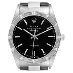 Rolex Air King Engine Turned Bezel Black Dial Steel Mens Watch 14010