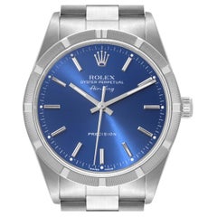 Rolex Air King Engine Turned Bezel Blue Dial Steel Mens Watch 14010