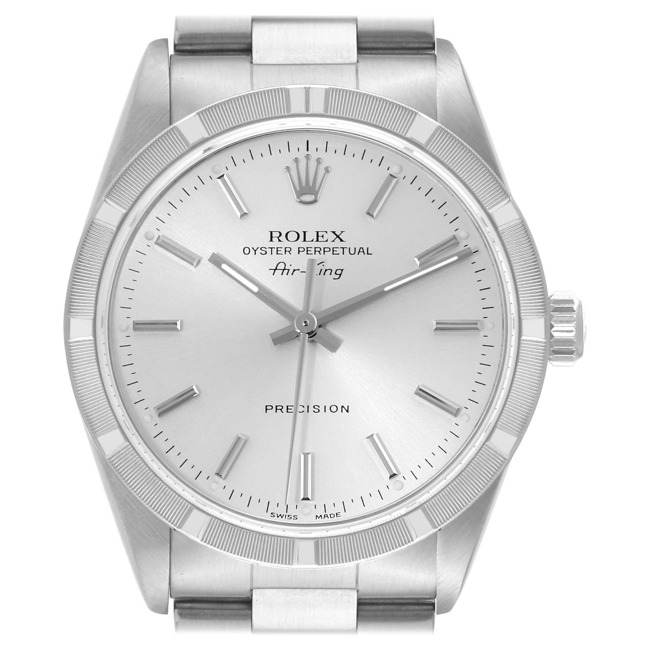 Rolex Air King Engine Turned Bezel Silver Dial Steel Mens Watch 14010