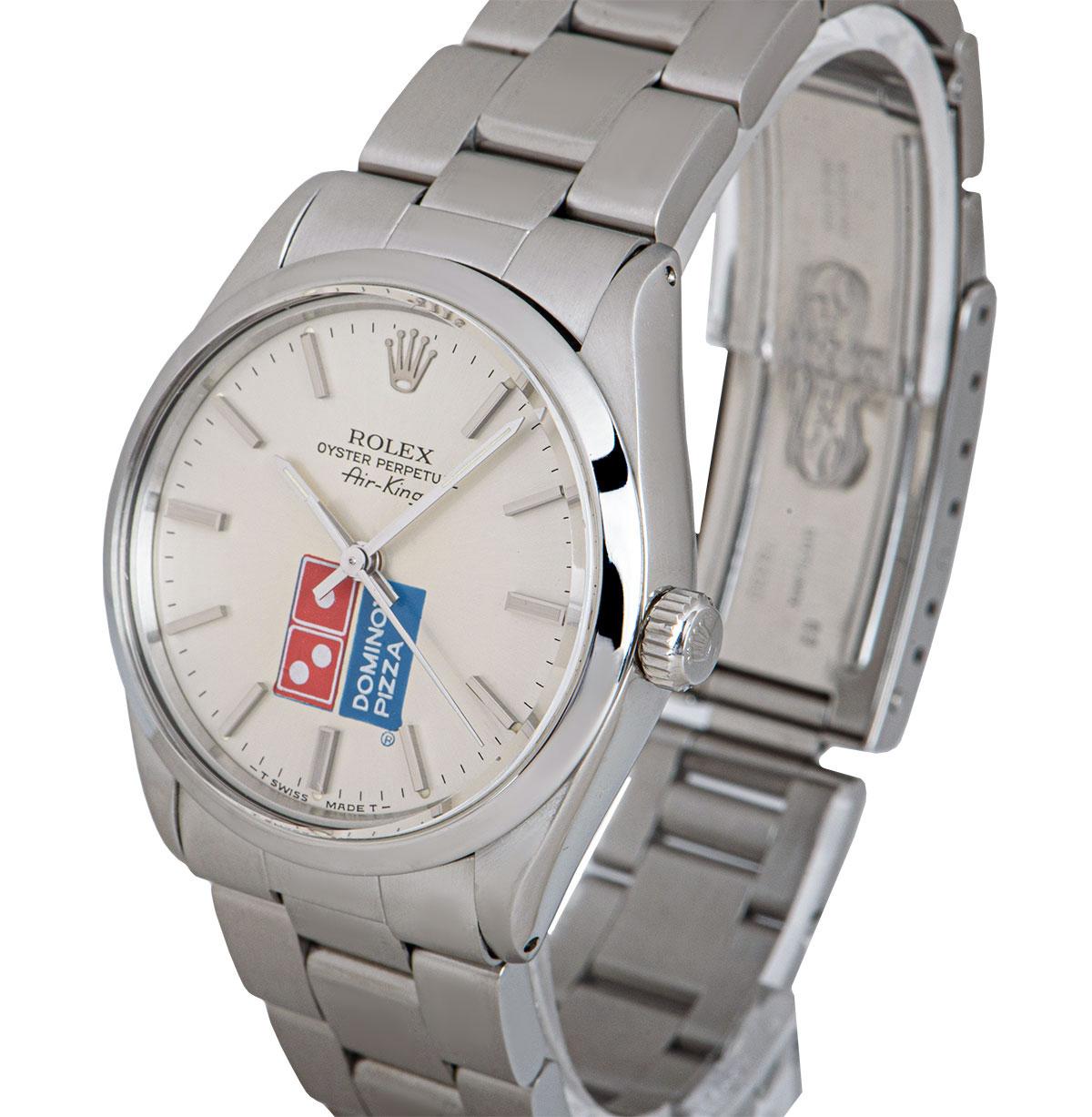 A 34 mm Stainless Steel Oyster Perpetual Air-King Gents Wristwatch, silver dial with applied hour markers, Domino's Pizza logo at 6 0'clock, a fixed stainless steel smooth bezel, a stainless steel oyster bracelet with a stainless steel deployant