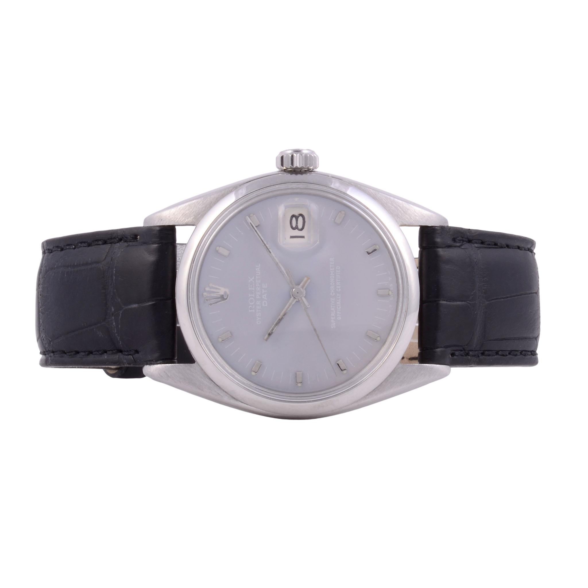Montre-bracelet vintage suisse Rolex Air King, cadran lavande, circa 1972-73. Cette montre-bracelet Oyster Perpetual Air King en acier de Rolex présente un cadran lavande personnalisé et un mouvement à 26 rubis. Cette montre Rolex vintage est en
