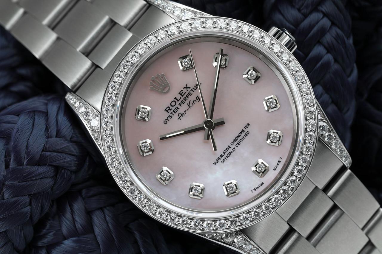 Rolex Air King rose, cadran nacre, lunette diamantée et montre à cornes en acier Excellent état - En vente à New York, NY