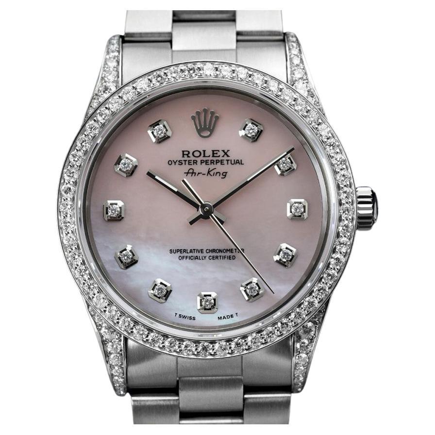 Rolex Air King Pink Mother Of Pearl Dial Diamond Bezel and Lugs Steel Watch For Sale