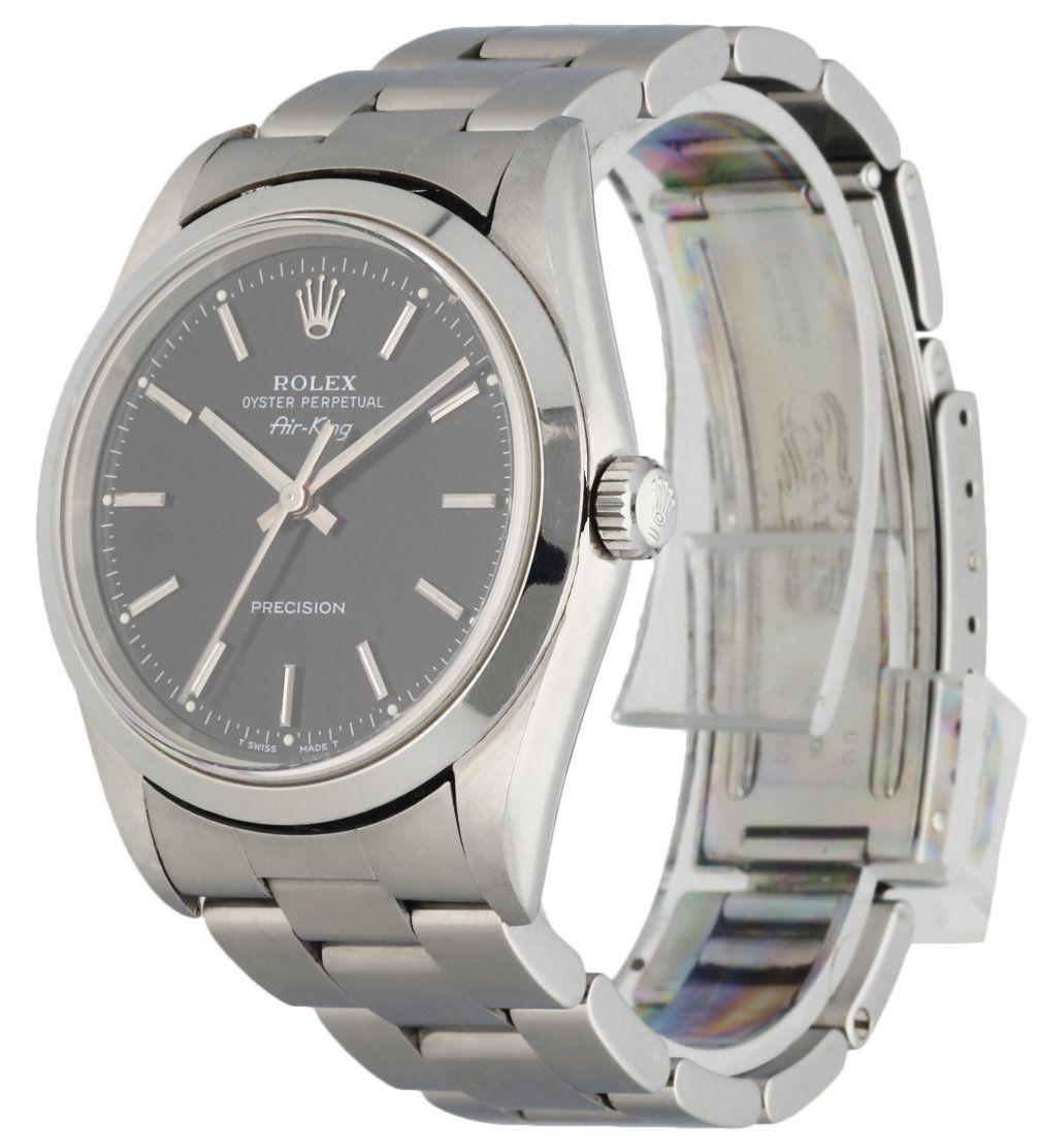 Rolex Air-King Precision 14000 Men's Watch. 34mm Stainless Steel case. Stainless Steel smooth bezel. Black dial with Luminous Steel hands and index hour markers. Minute markers on the outer dial. Stainless steel bracelet with Fold Over Clasp. Will
