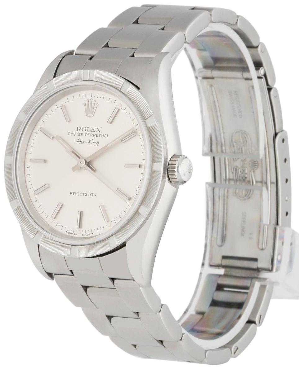 
Rolex Air-King Precision 14010 Men's Watch. 34mm Stainless Steel case. Stainless Steel engine turn bezel. Silver dial with Steel hands and index hour markers. Minute markers on the outer dial. Stainless Steel Bracelet with Fold Over Clasp. Will fit