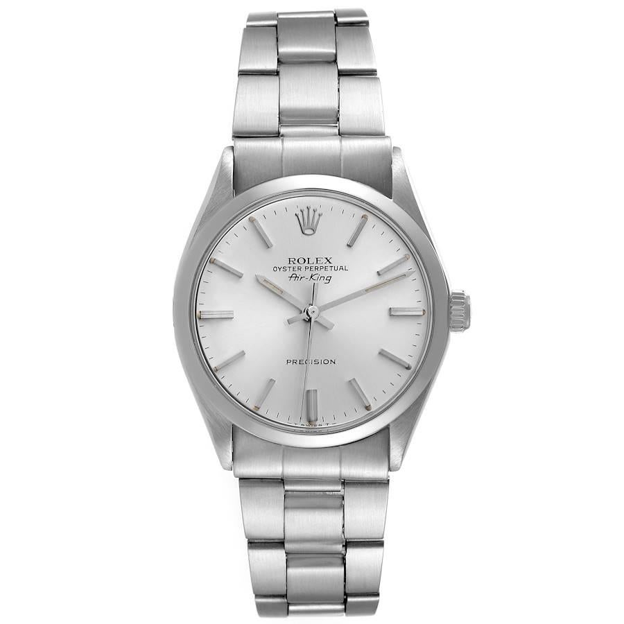 Rolex Air King Precision Silver Dial Vintage Steel Mens Watch 5500. Officially certified chronometer automatic self-winding movement. Stainless steel case 34.0 mm in diameter. Rolex logo on the crown. Stainless steel smooth bezel. Domed acrylic