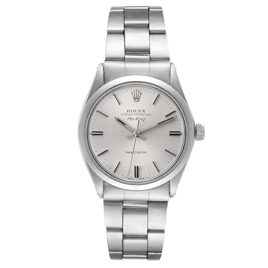 Rolex Air King Precision Silver Dial Vintage Steel Mens Watch 5500. Automatic self-winding movement. Stainless steel case 34.0 mm in diameter.  Rolex logo on the crown. Stainless steel smooth bezel. Domed acrylic crystal. Silver dial with baton hour
