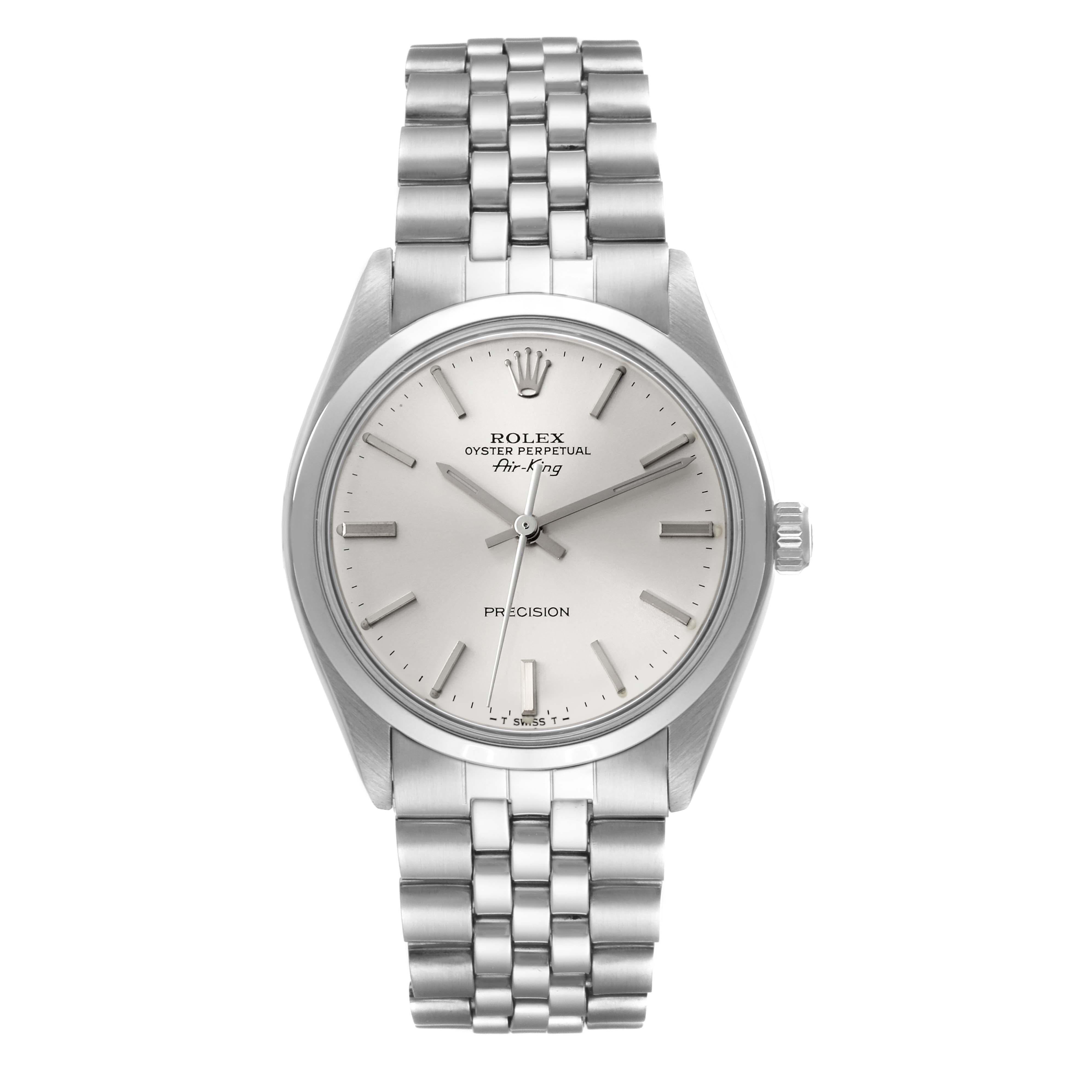 Rolex Air King Precision Silver Dial Vintage Steel Mens Watch 5500. Automatic self-winding movement. Stainless steel case 34.0 mm in diameter.  Rolex logo on the crown. Stainless steel smooth bezel. Domed acrylic crystal. Silver dial with baton hour