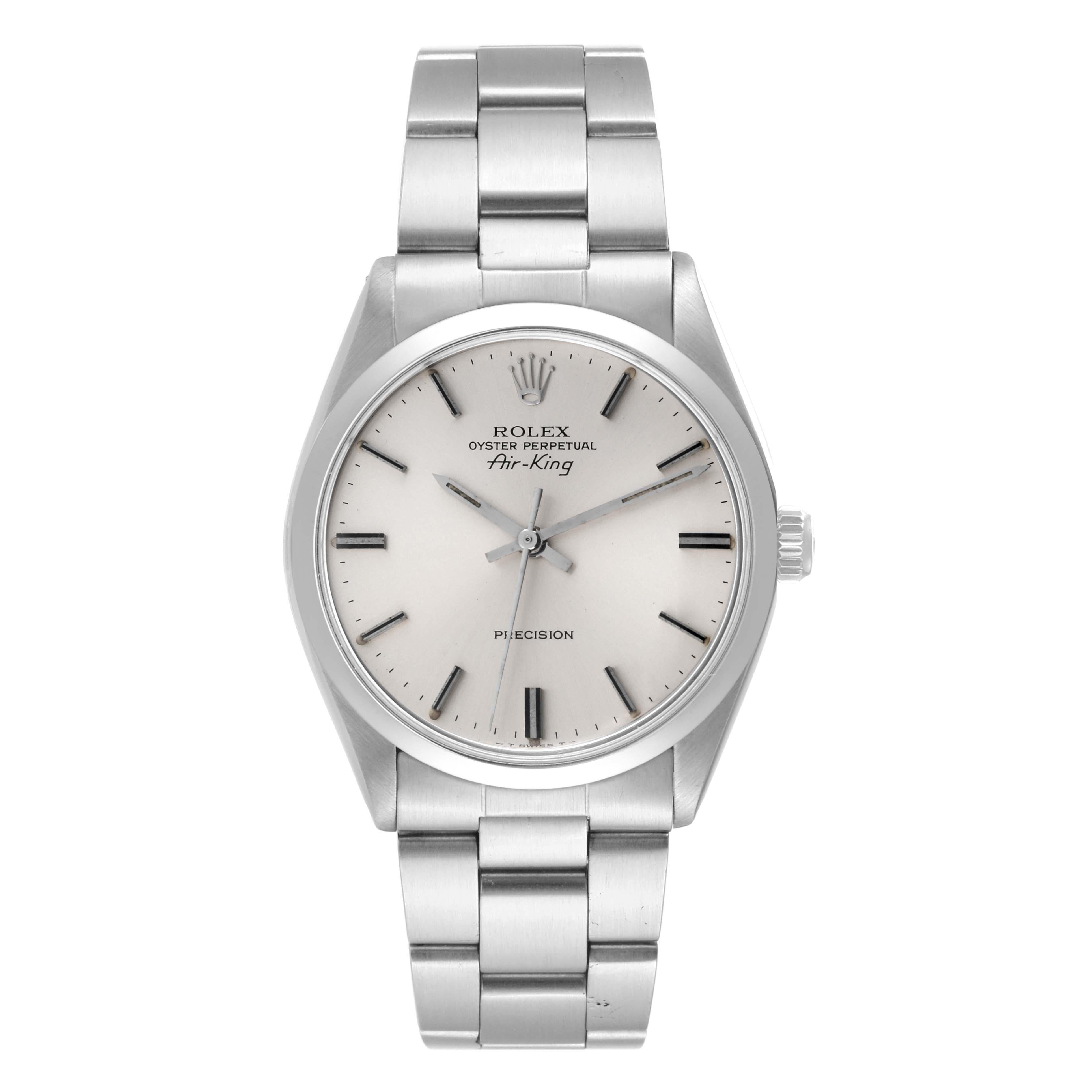 Rolex Air King Precision Silver Dial Vintage Steel Mens Watch 5500 Papers. Automatic self-winding movement. Stainless steel case 34.0 mm in diameter.  Rolex logo on the crown. Stainless steel smooth bezel. Domed acrylic crystal. Silver dial with