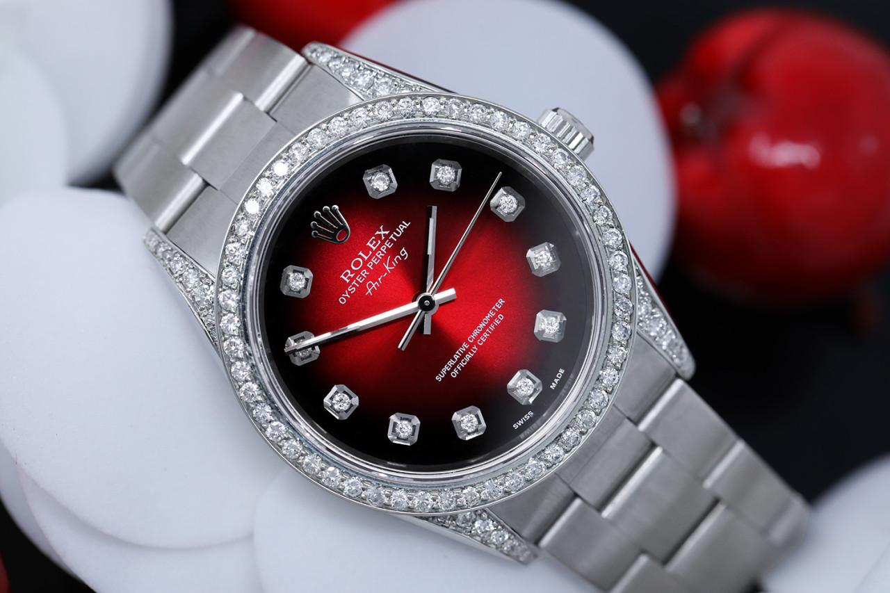 Rolex Air King Red Vignette Diamond Dial Diamond Bezel and Lugs Steel Watch 14000
