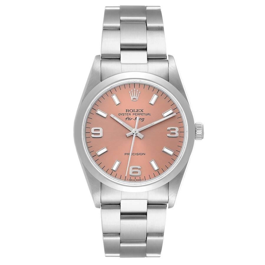 Rolex Air King Salmon Dial Smooth Bezel Steel Mens Watch 14000 Box Papers. Automatic self-winding movement. Stainless steel case 34 mm in diameter. Rolex logo on the crown. Stainless steel smooth bezel. Scratch resistant sapphire crystal. Salmon