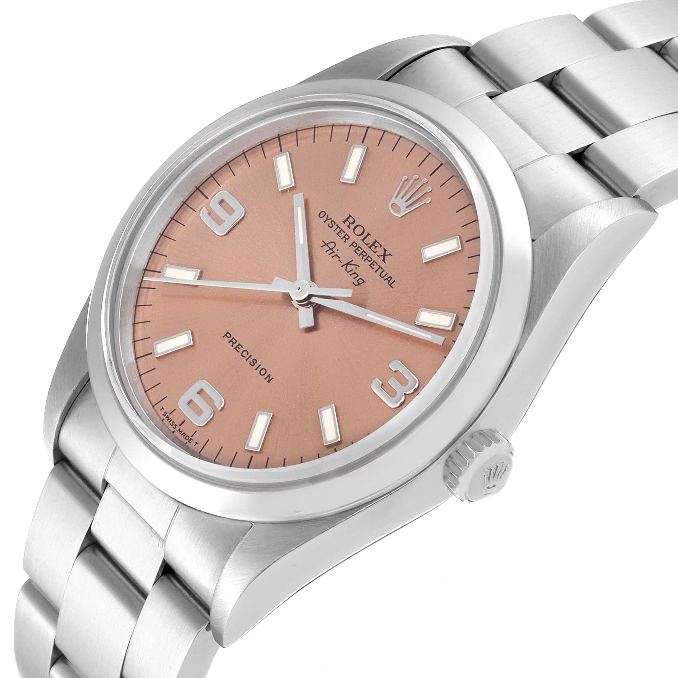 Rolex Air King Salmon Dial Smooth Bezel Steel Mens Watch 14000 In Excellent Condition For Sale In Atlanta, GA