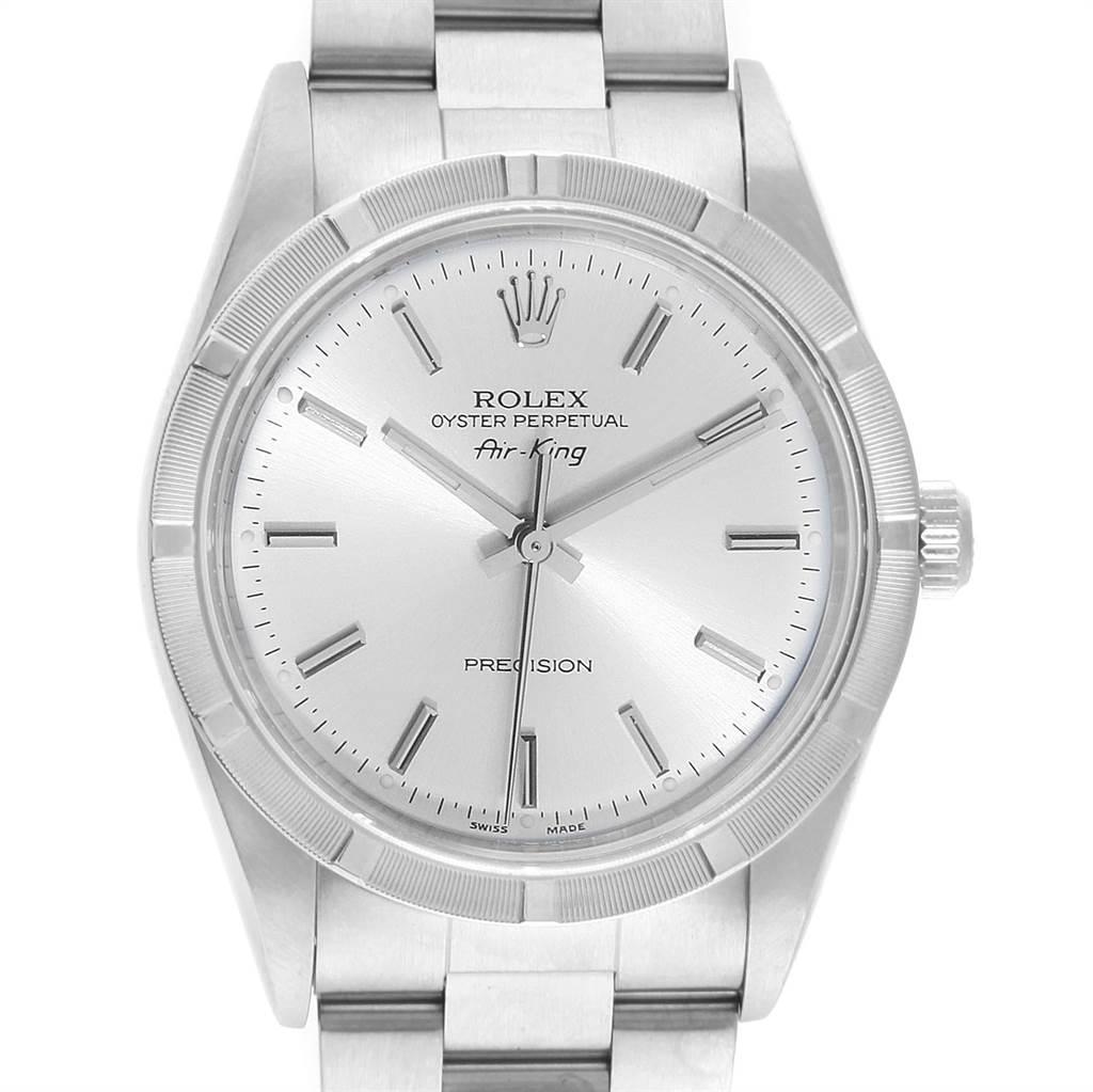 Rolex Air King Silver Dial 34mm Oyster Bracelet Steel Mens Watch 14010. Automatic self-winding movement. Stainless steel case 34.0 mm in diameter. Rolex logo on a crown. Stainless steel engine turned bezel. Scratch resistant sapphire crystal. Silver