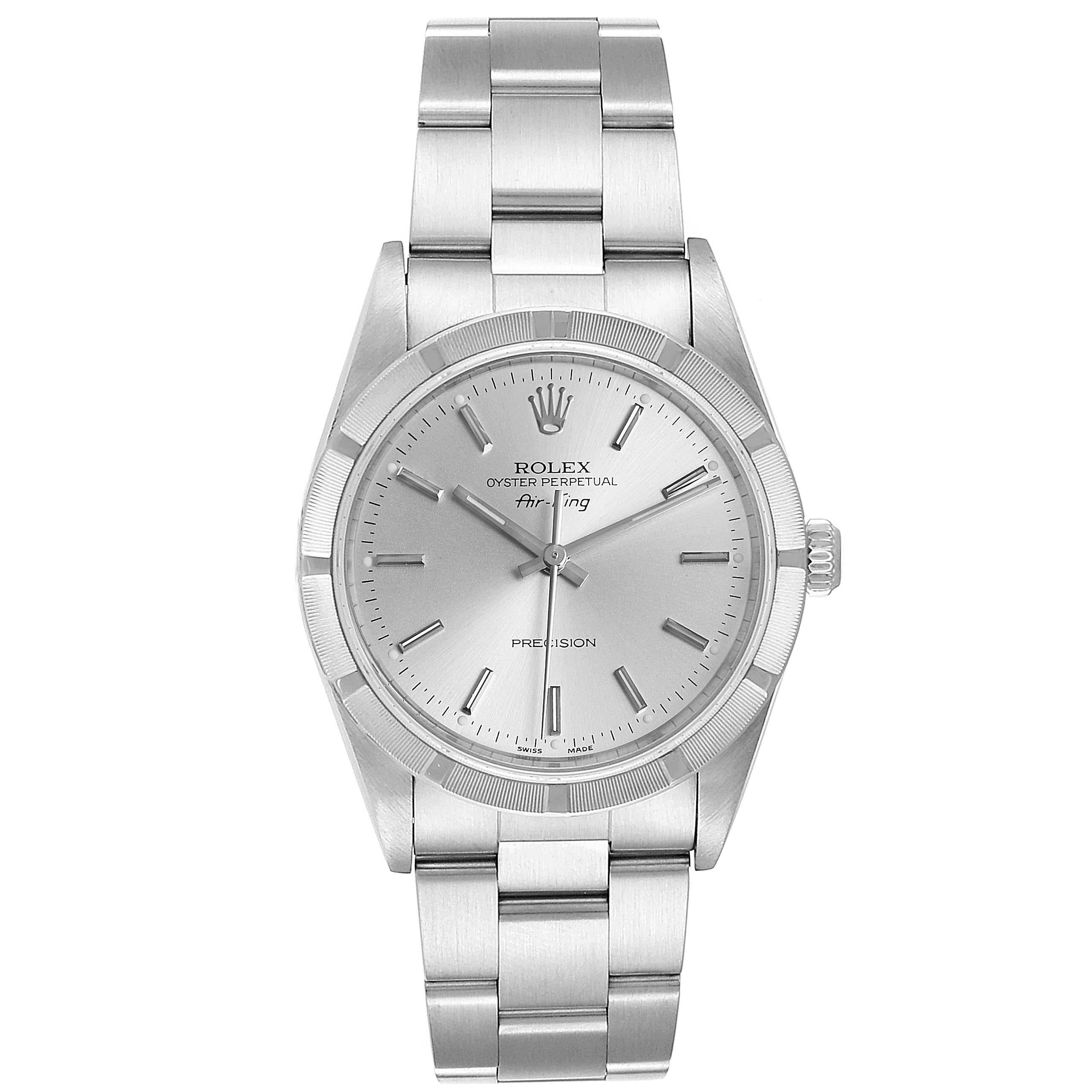 Rolex Air King Silver Dial 34mm Oyster Bracelet Steel Mens Watch 14010. Automatic self-winding movement. Stainless steel case 34.0 mm in diameter. Rolex logo on a crown. Stainless steel engine turned bezel. Scratch resistant sapphire crystal. Silver
