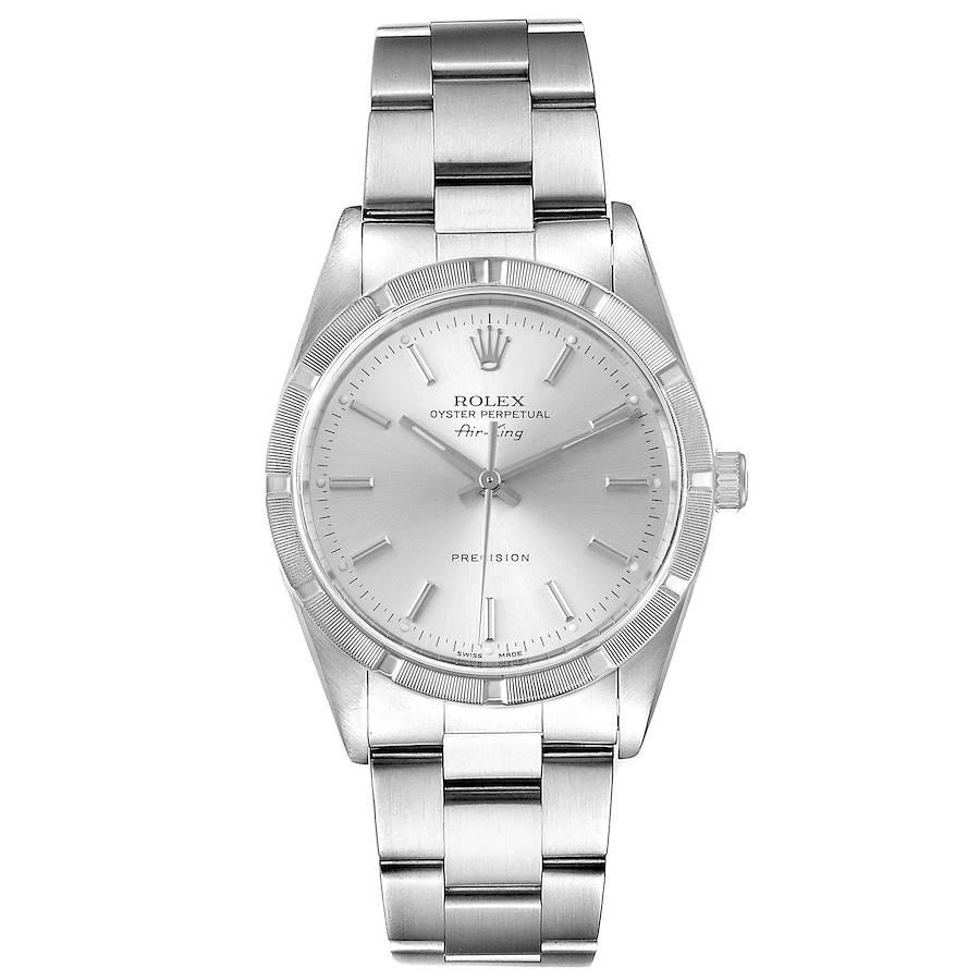 Rolex Air King Silver Dial 34mm Oyster Bracelet Steel Mens Watch 14010. Automatic self-winding movement. Stainless steel case 34.0 mm in diameter. Rolex logo on a crown. Stainless steel engine turned bezel. Scratch resistant sapphire crystal. Silver