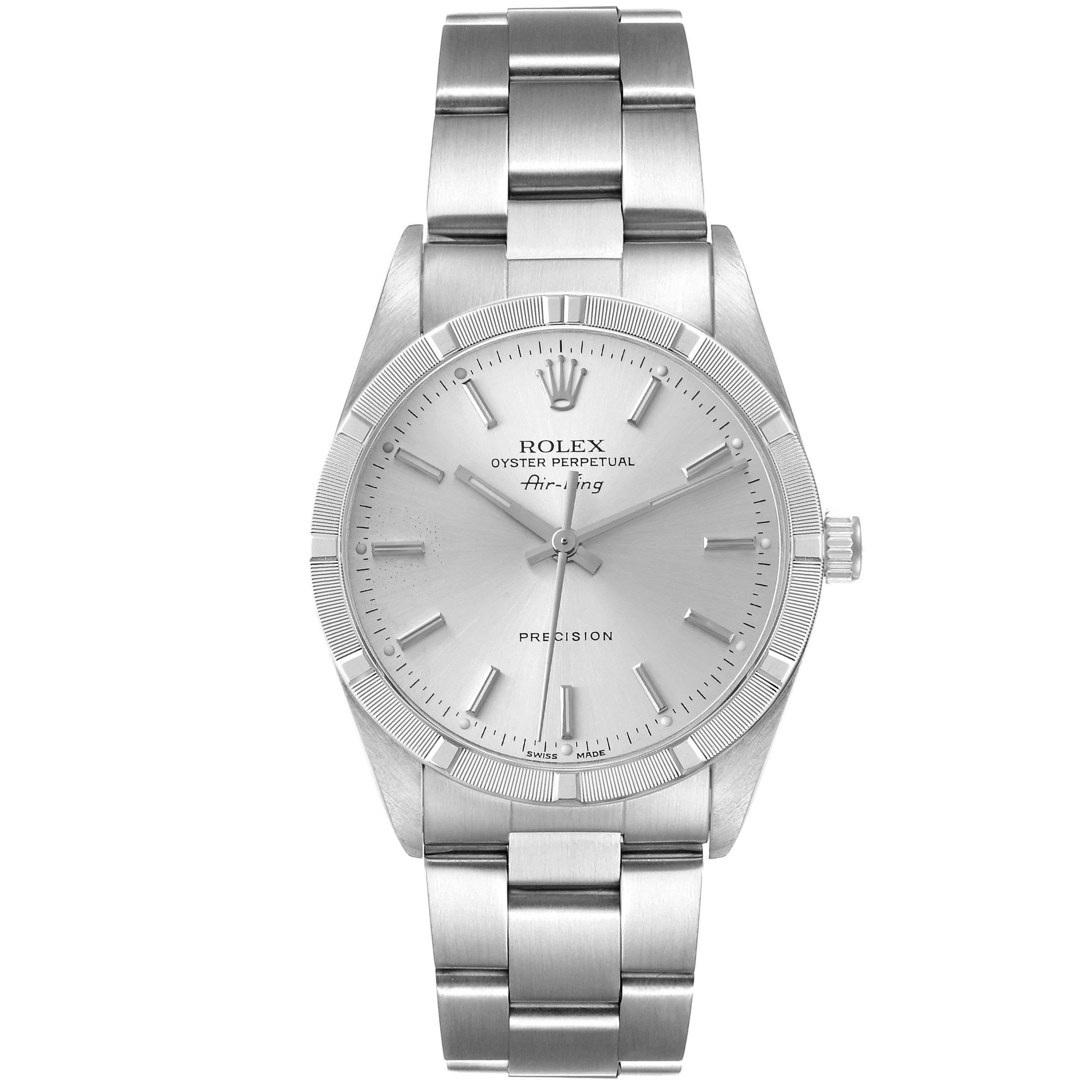 Rolex Air King Silver Dial 34mm Steel Mens Watch 14010. Automatic self-winding movement. Stainless steel case 34.0 mm in diameter. Rolex logo on crown. Stainless steel engine turned bezel. Scratch resistant sapphire crystal. Silver dial with raised