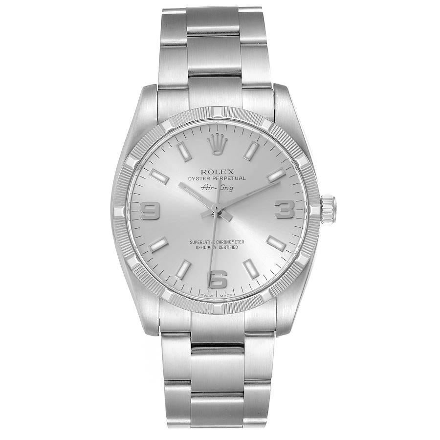 Rolex Air King Silver Dial Arabic Numeral Steel Mens Watch 114210 Box Card. Officially certified chronometer self-winding movement. Stainless steel case 34.0 mm in diameter. Rolex logo on a crown. Stainless steel fine engine turned bezel. Scratch