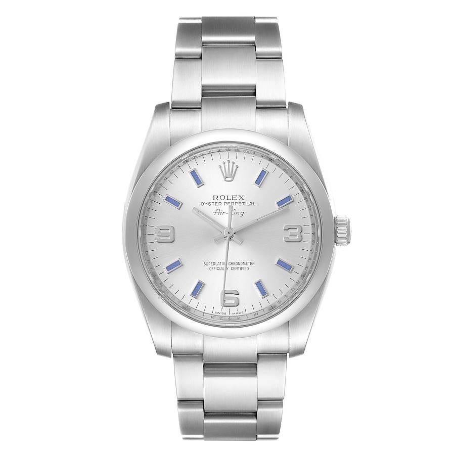 Rolex Air King Silver Dial Blue Hour Markers Steel Mens Watch 114200 Box Card. Officially certified chronometer self-winding movement. Stainless steel case 34.0 mm in diameter. Rolex logo on a crown. Stainless steel smooth domed bezel. Scratch