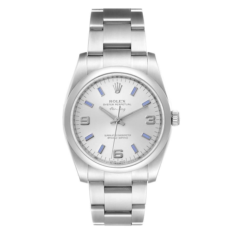 Rolex Air King Silver Dial Blue Hour Markers Steel Mens Watch 114200. Officially certified chronometer automatic self-winding movement. Stainless steel case 34.0 mm in diameter. Rolex logo on the crown. Stainless steel smooth domed bezel. Scratch