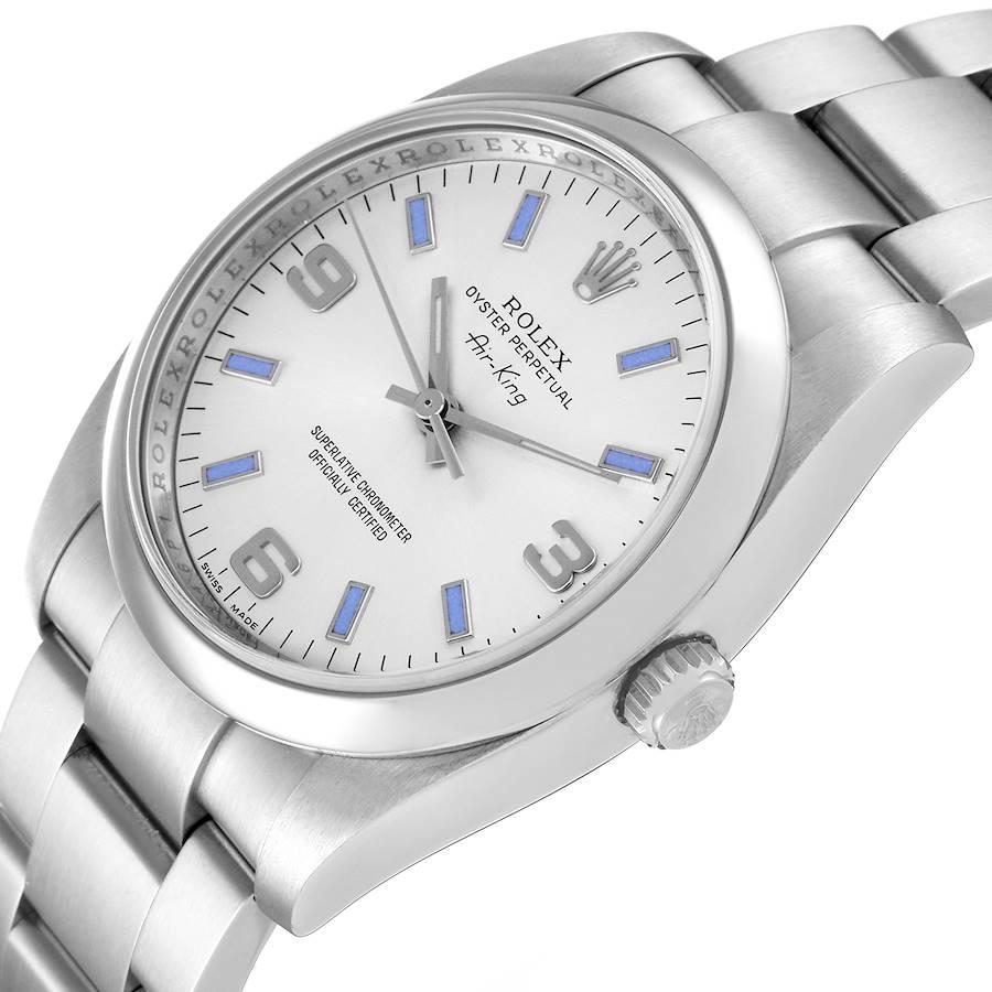 Rolex Air King Silver Dial Blue Hour Markers Steel Mens Watch 114200 In Excellent Condition For Sale In Atlanta, GA