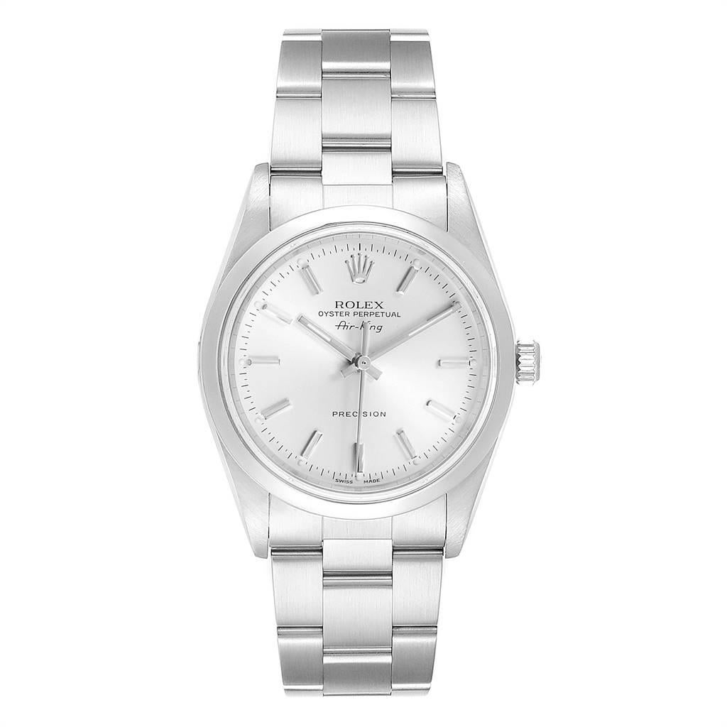Rolex Air King Silver Dial Domed Bezel Steel Mens Watch 14000. Automatic self-winding movement. Stainless steel case 34.0 mm in diameter. Rolex logo on a crown. Stainless steel smooth domed bezel. Scratch resistant sapphire crystal. Silver dial with