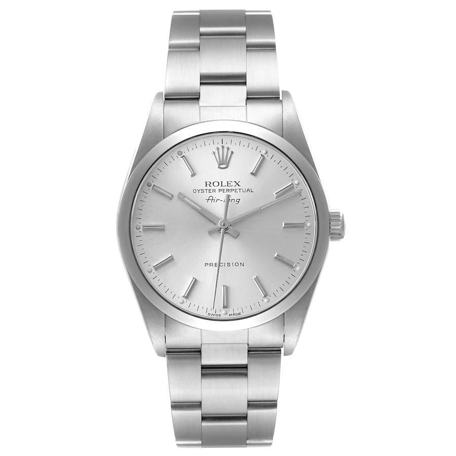 Rolex Air King Silver Dial Domed Bezel Steel Mens Watch 14000. Automatic self-winding movement. Stainless steel case 34 mm in diameter. Rolex logo on a crown. Stainless steel smooth domed bezel. Scratch resistant sapphire crystal. Silver dial with