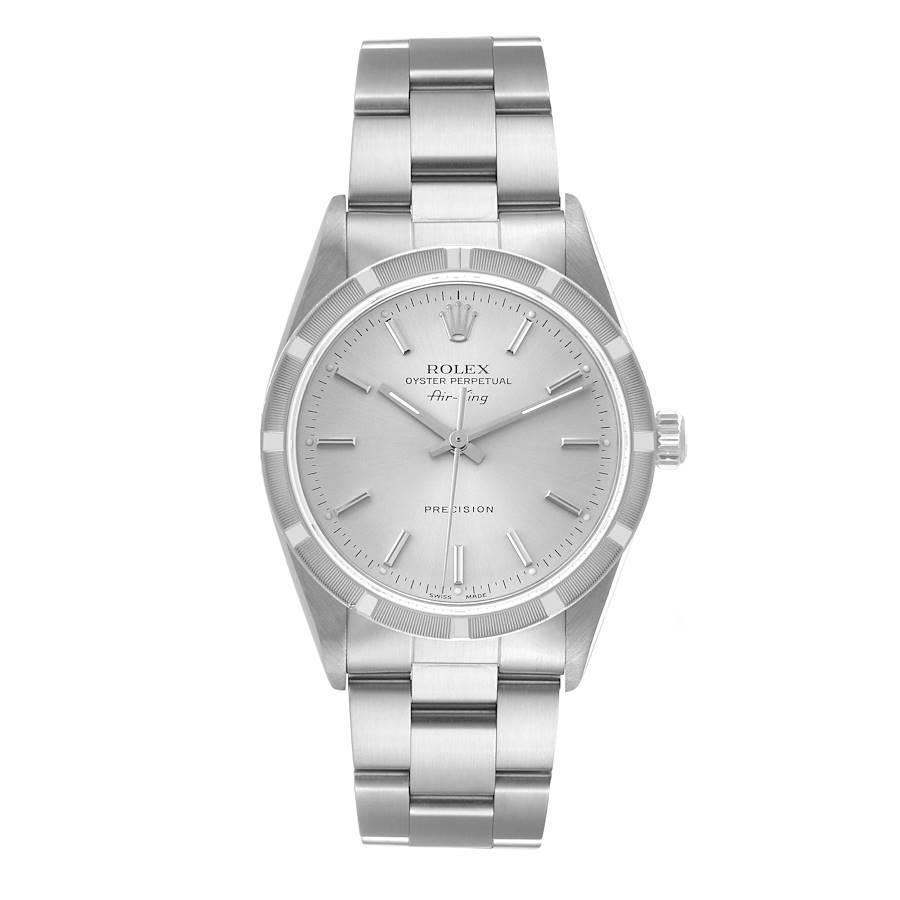 Rolex Air King Silver Dial Engine Turned Bezel Steel Mens Watch 14010 Box Papers. Automatic self-winding movement. Stainless steel case 34.0 mm in diameter. Rolex logo on the crown. Stainless steel engine turned bezel. Scratch resistant sapphire