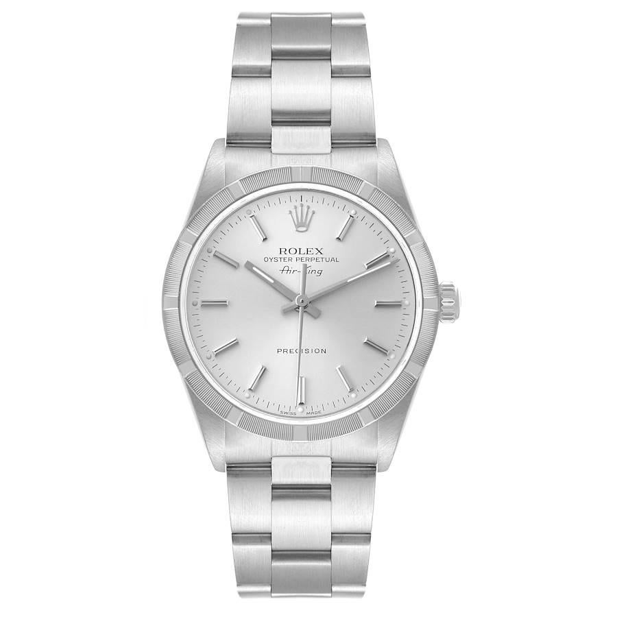 Rolex Air King Silber Zifferblatt Motor gedreht Lünette Stahl Herrenuhr 14010. Automatisches Uhrwerk mit Selbstaufzug. Gehäuse aus Edelstahl mit einem Durchmesser von 34,0 mm. Rolex Logo auf der Krone. Gedrehte Lünette aus Edelstahl. Kratzfestes