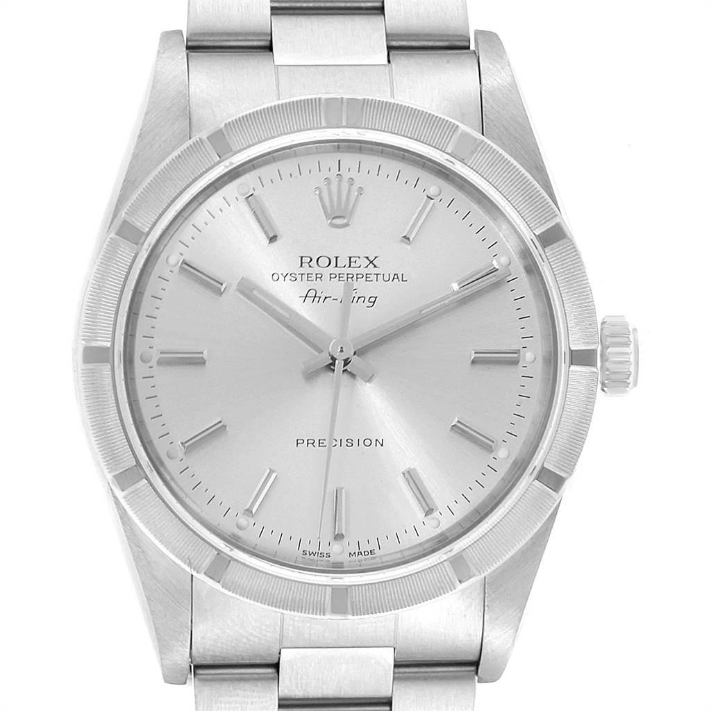 Rolex Air King Silver Dial Oyster Bracelet Steel Mens Watch 14010. Automatic self-winding movement. Stainless steel case 34.0 mm in diameter. Rolex logo on a crown. Stainless steel engine turned bezel. Scratch resistant sapphire crystal. Silver dial